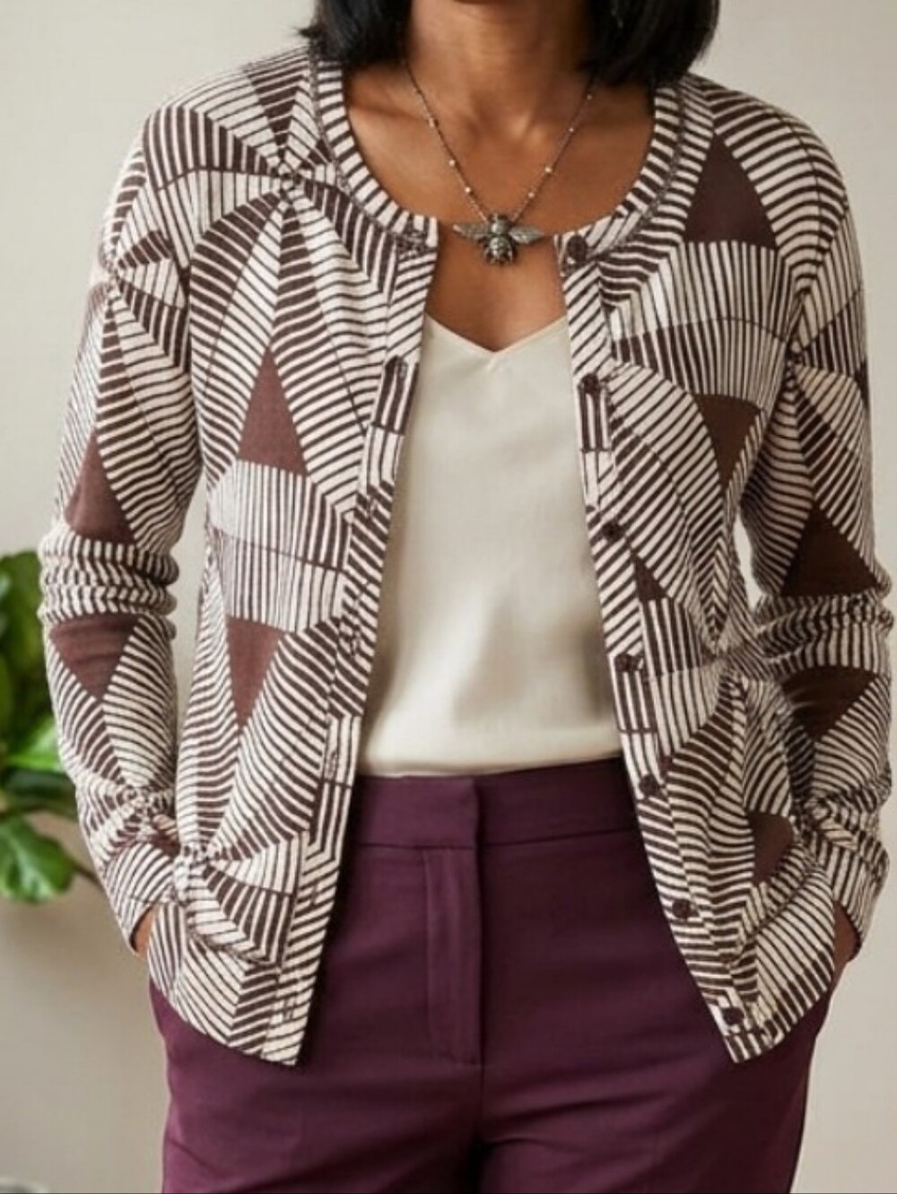 Rafaella Y2k Brown & Cream Geometric Print Button Down 3/4 Sleeve Cardigan fit M